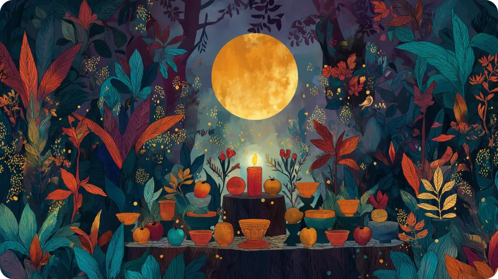 Editorial illustration of a ceremonial altar on a wooden tree stump surrounded by abundant bowls, fruits, and a single lit red candle, set within a lush jewel-toned forest at night with a large glowing golden full moon in the center background and rich botanical foliage in teal, crimson, and amber filling the frame.