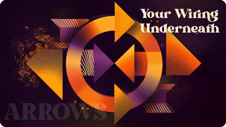 Abstract geometric illustration of circular and arrow shapes in orange and purple representing Human Design arrows and underlying cognitive wiring, with the text “Your Wiring Underneath.”