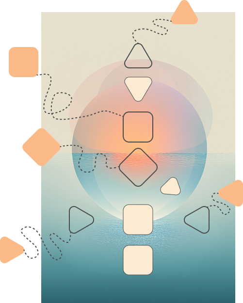Stylized abstract diagram showing stacked geometric shapes aligned vertically, layered circular forms, dotted connecting lines, and a blue-to-peach gradient background.
