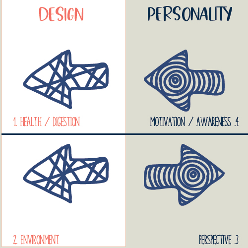 Human Design variables diagram showing Design and Personality sides: Design includes “Health/Digestion” and “Environment,” while Personality includes “Motivation/Awareness” and “Perspective.”