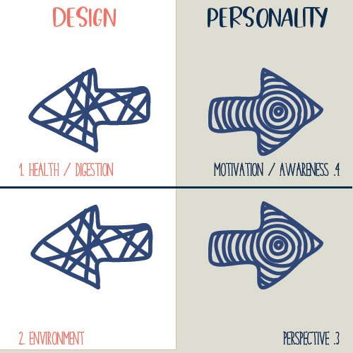 Human Design variables diagram showing Design and Personality sides: Design includes “Health/Digestion” and “Environment,” while Personality includes “Motivation/Awareness” and “Perspective.”