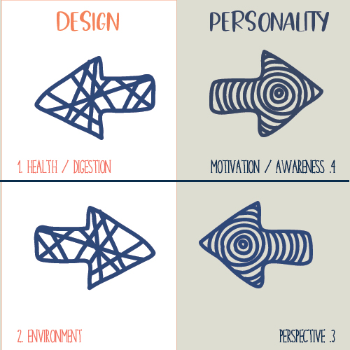 Human Design variables diagram showing Design and Personality sides: Design includes “Health/Digestion” and “Environment,” while Personality includes “Motivation/Awareness” and “Perspective.”