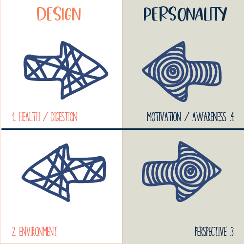 Human Design variables diagram showing Design and Personality sides: Design includes “Health/Digestion” and “Environment,” while Personality includes “Motivation/Awareness” and “Perspective.”