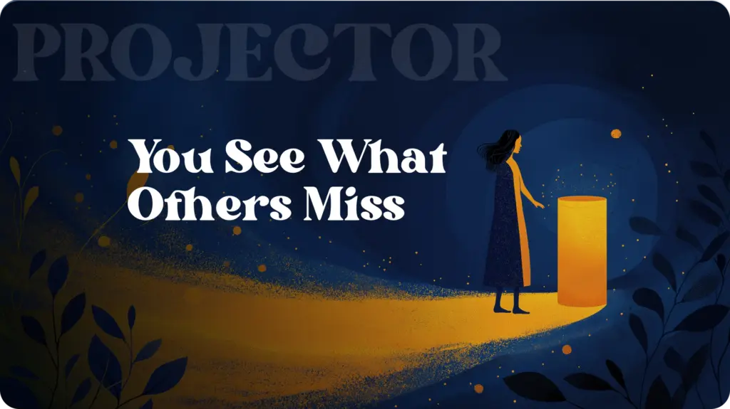 Editorial illustration of a woman in a long dress reaching toward a glowing amber cylinder of light in a dark midnight blue environment, with golden particles scattered around her and botanical leaf shadows at the edges. Text reads: "You See What Others Miss."
