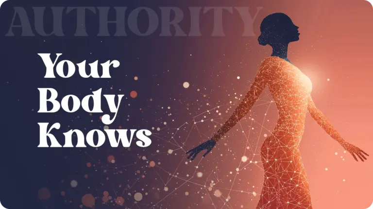 Illustration of a glowing human silhouette made of interconnected lines and points, symbolizing intuition and body awareness, with the words “Your Body Knows.”