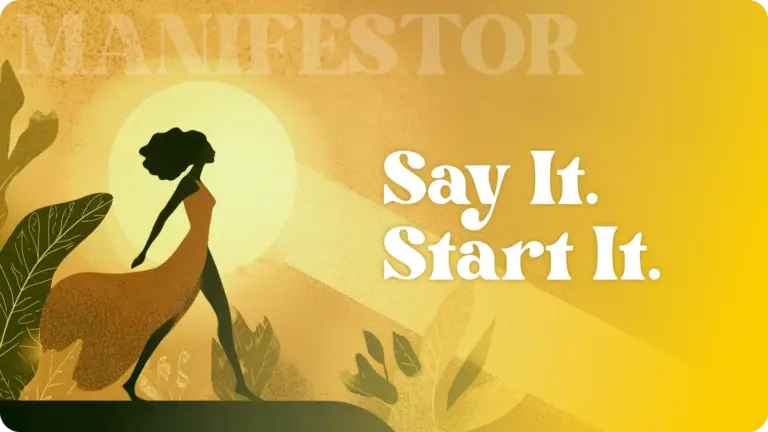 Silhouette of a person walking confidently in front of a glowing sun and mountains, representing the Manifestor type in Human Design, with the text “Say It. Start It.”