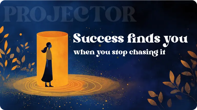 Editorial illustration of a woman standing inside a tall glowing amber column of light, surrounded by golden particle scatter and warm botanical leaf forms against a deep navy background. Text reads: "Success finds you when you stop chasing it."
